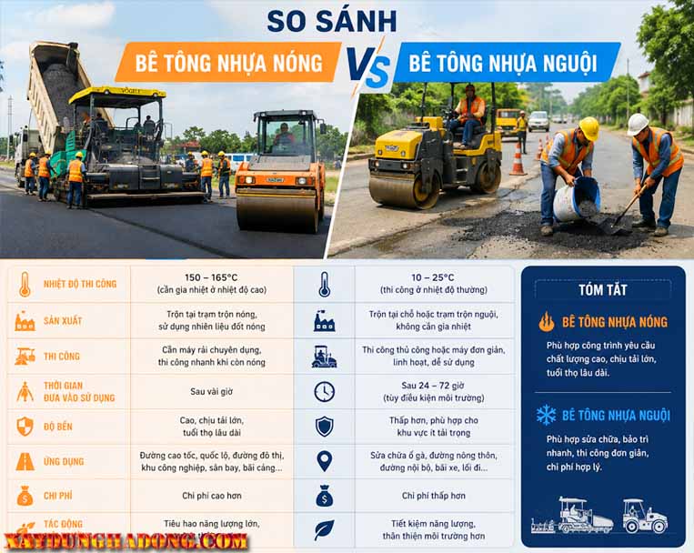 So sánh giữa bê tông nhựa nguội và nhựa nóng